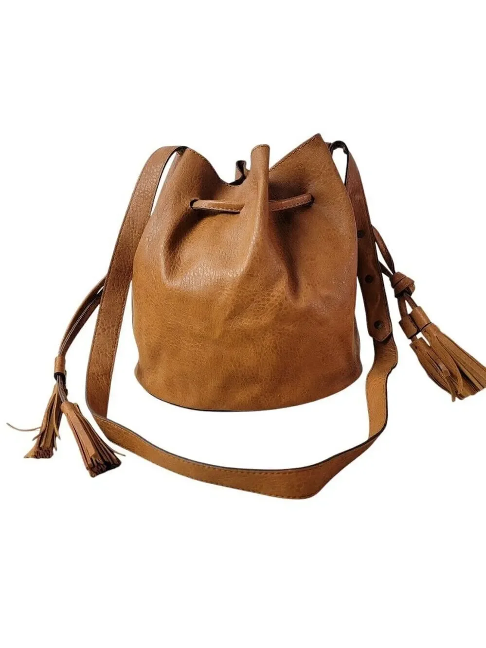 Vegan Leather Drawstring Bucket Bag with Tassels